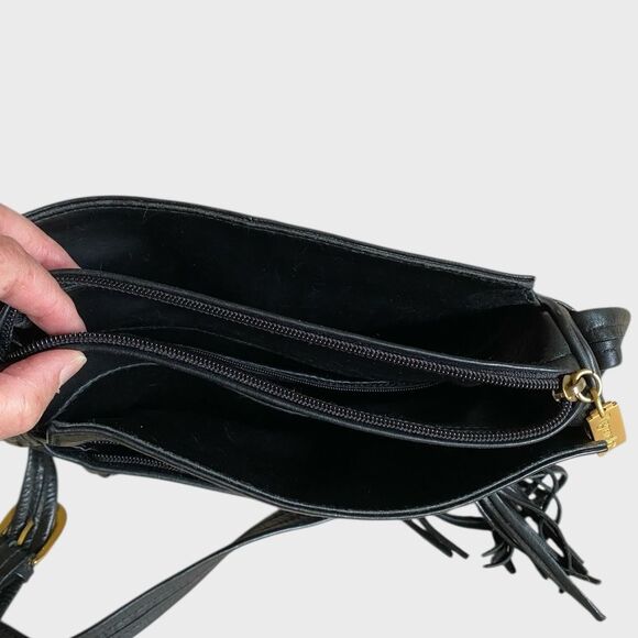 Tignanello Black Leather Crossbody Shoulder Bag Tassel Charm Pockets Adjustable - Picture 11 of 16